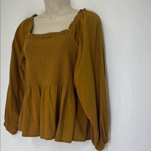 Madewell - Mustard Lucie Smocked Peplum Hem Long Sleeve Antique Gold Blouse 10 - Picture 4 of 10